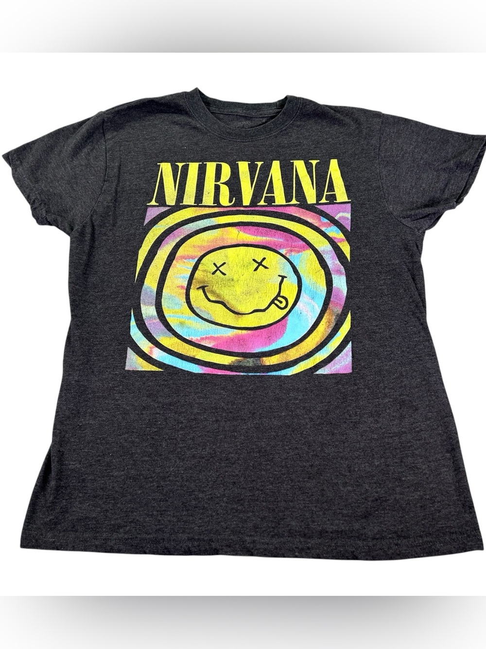 Nirvana Smiley Face Rainbow Swirl T-Shirt Women’s S Est Grunge Alternative